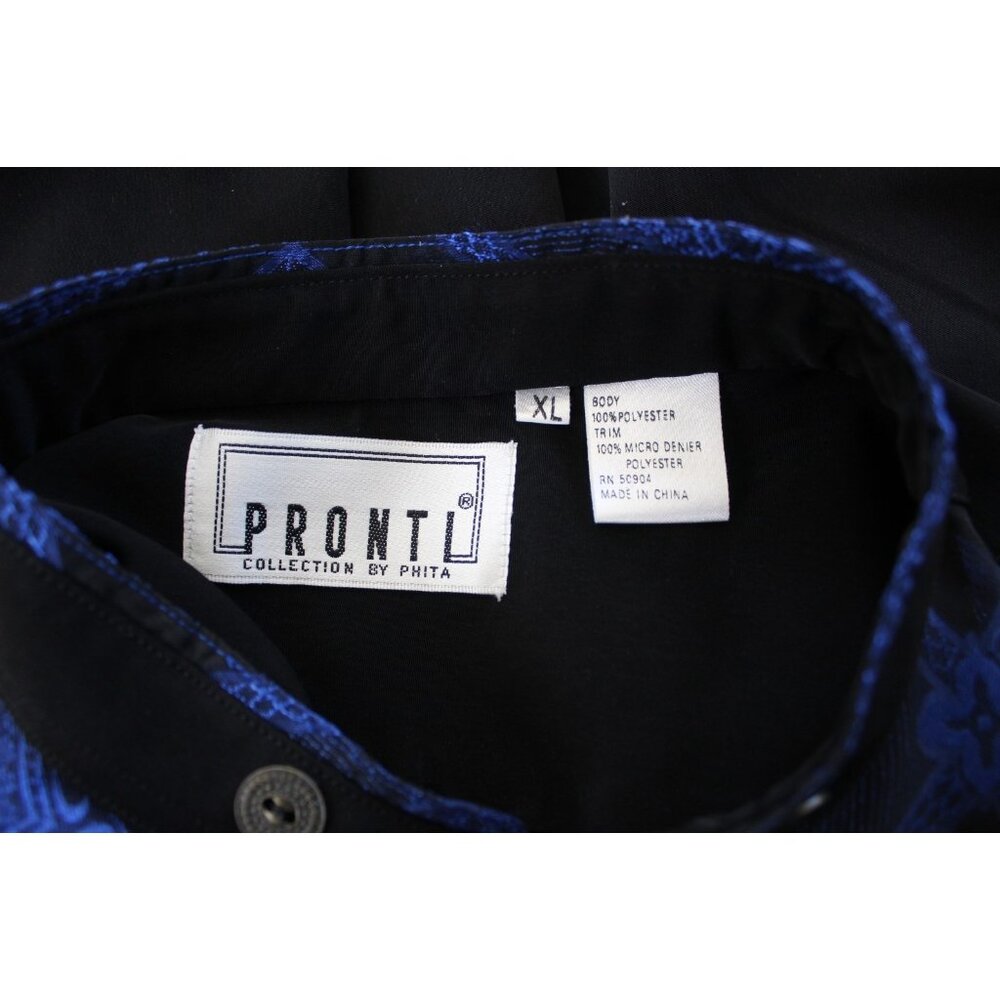 Pronti Collection Mens XL Blue Black Geometric Brocade Mandarin Collar Shirt - Picture 4 of 4